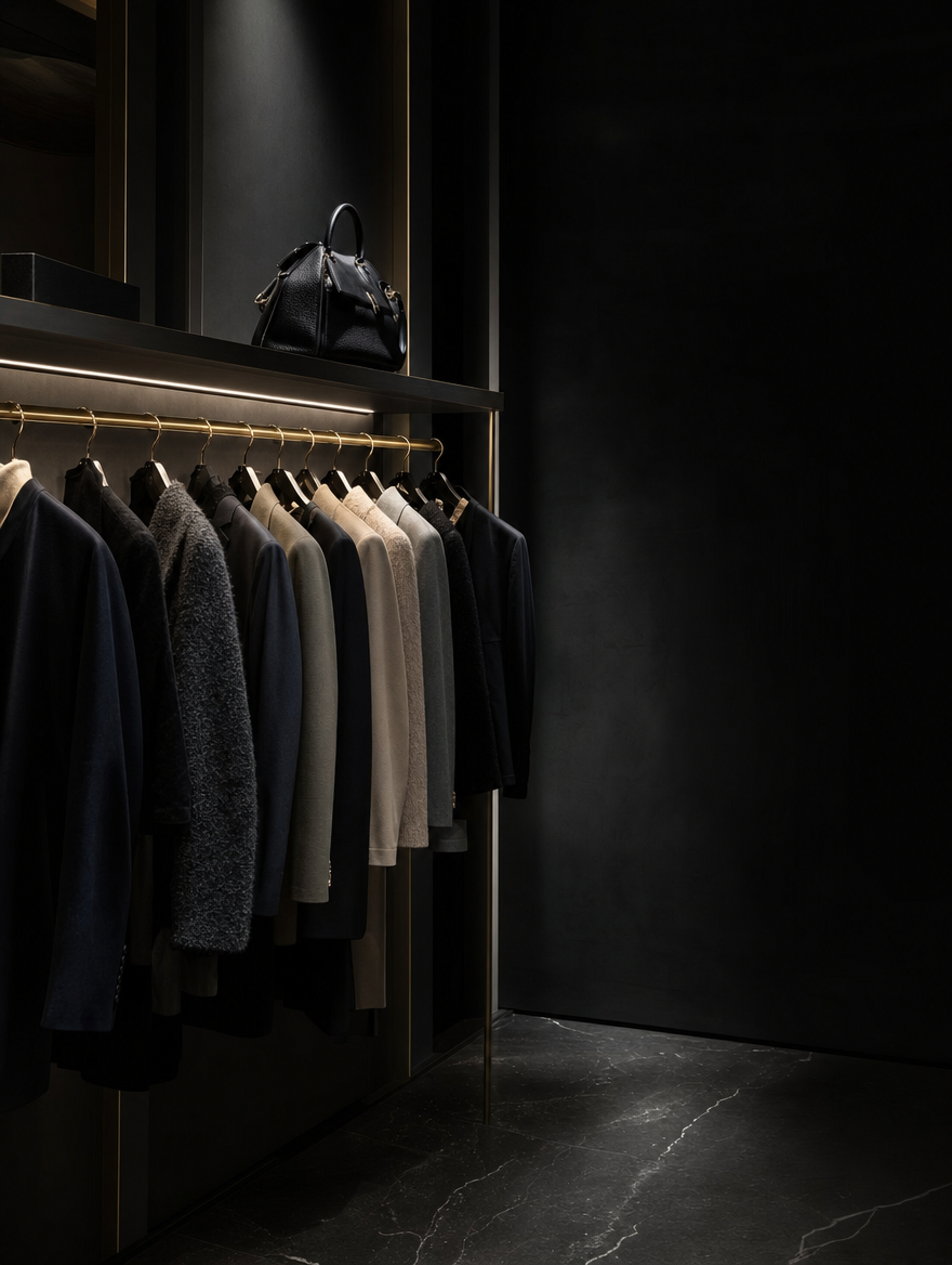 Boutique di abbigliamento — capi eleganti in vetrina, luce soffusa