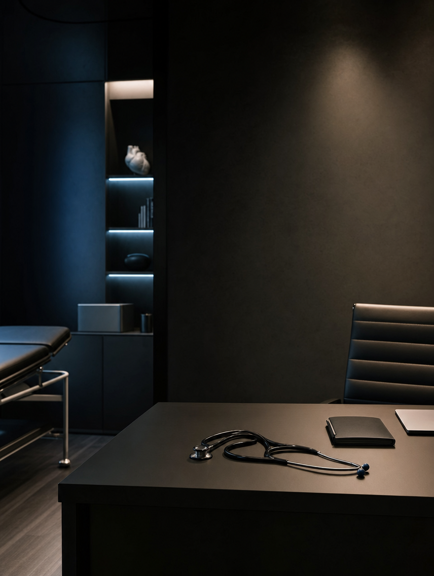 Studio medico — scrivania con stetoscopio, atmosfera professionale